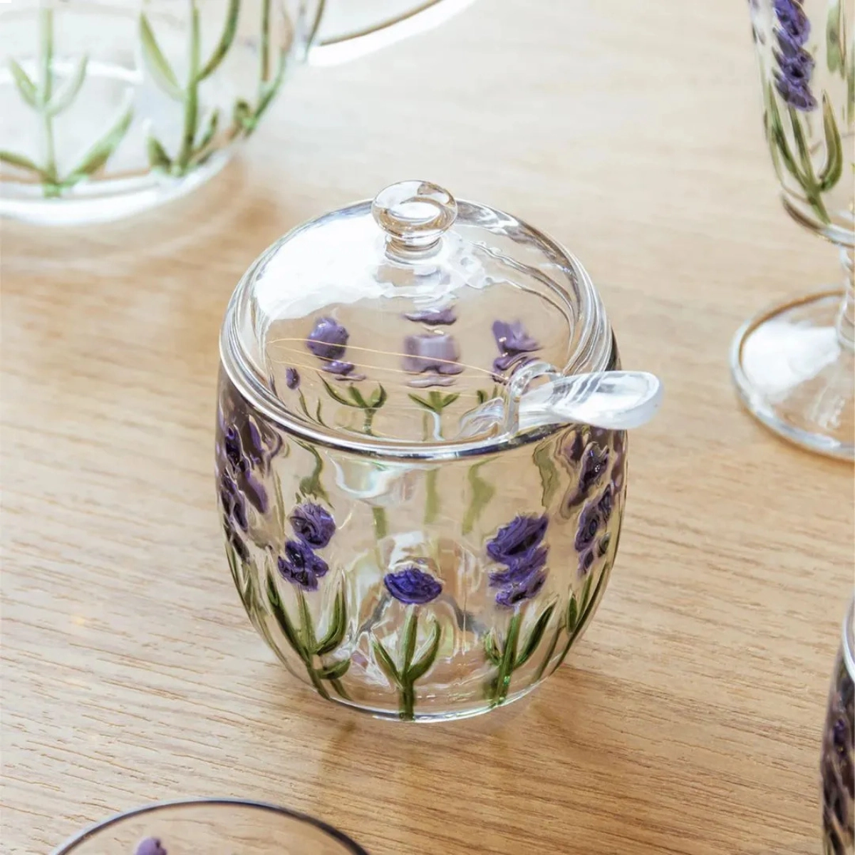 AÇUCAREIRO COM COLHER E TAMPA HAND PAINTING CRISTAL