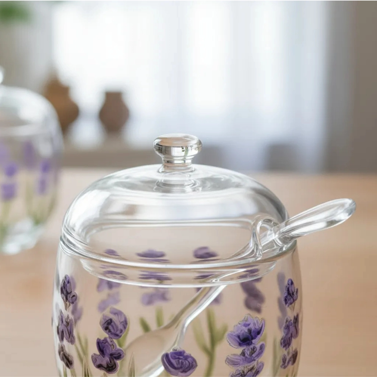 AÇUCAREIRO COM COLHER E TAMPA HAND PAINTING CRISTAL