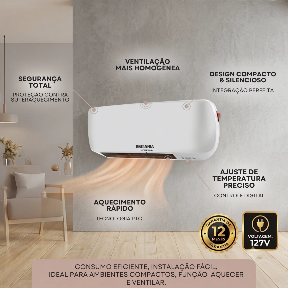 AQUECEDOR DE PAREDE BRITÂNIA BAQ2200B 2 EM 1 COM TIMER 127V