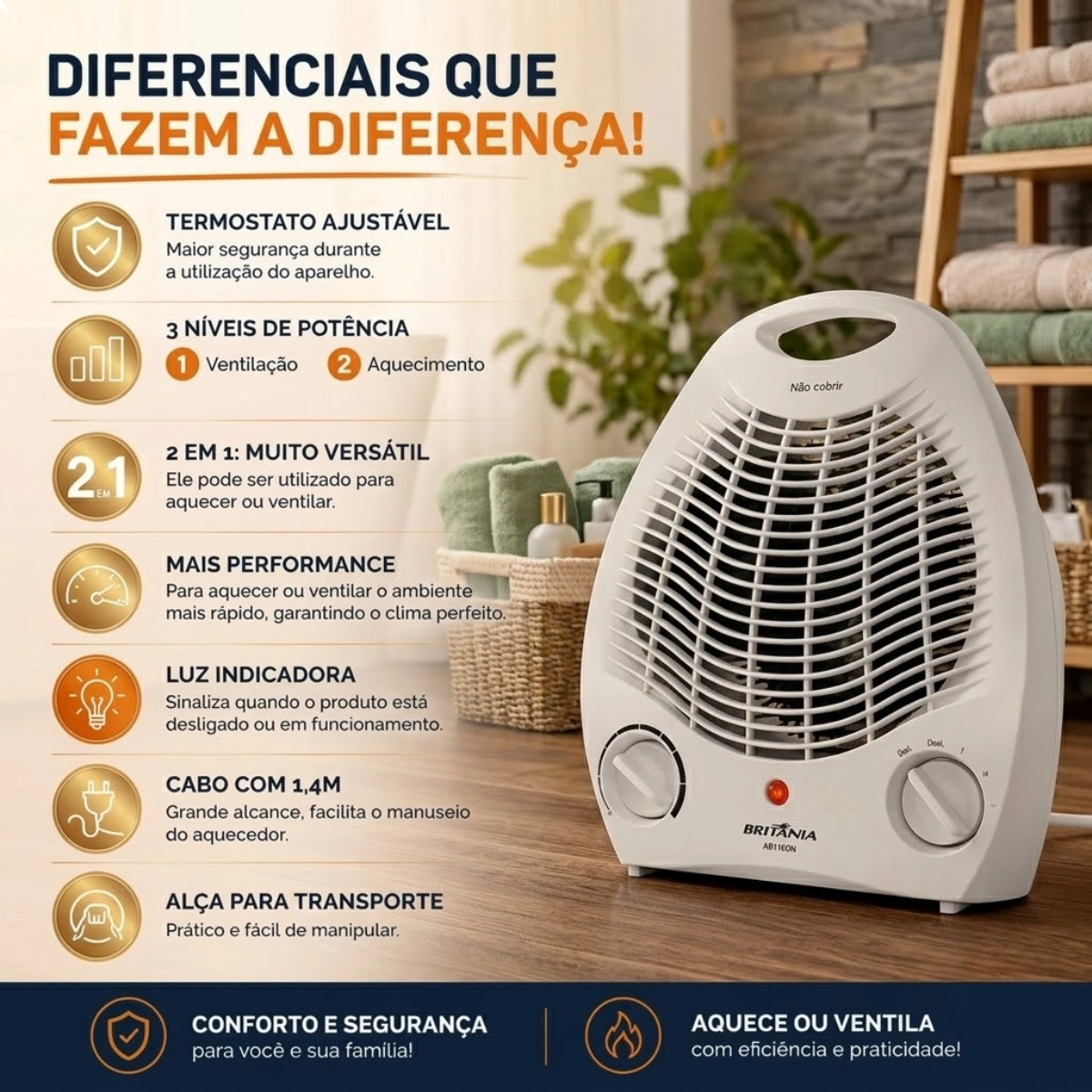 AQUECEDOR ELÉTRICO BRITÂNIA AB1100N 1500W BRANCO 127V