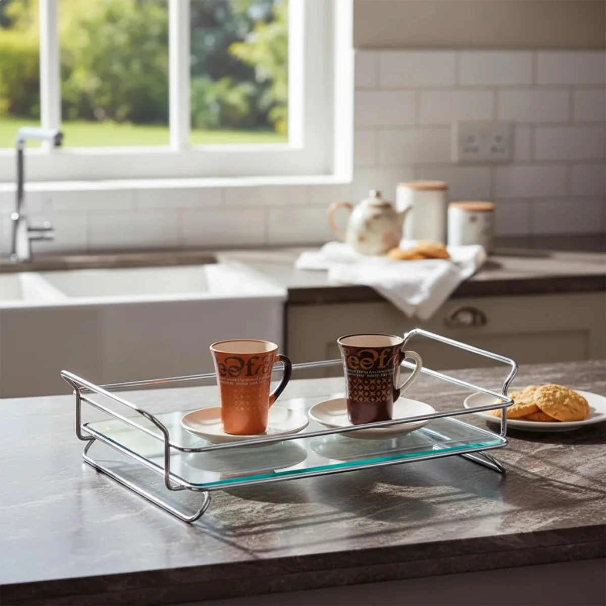 BANDEJA DE VIDRO RETANGULAR ARAMADA DECORATIVA CROMADO