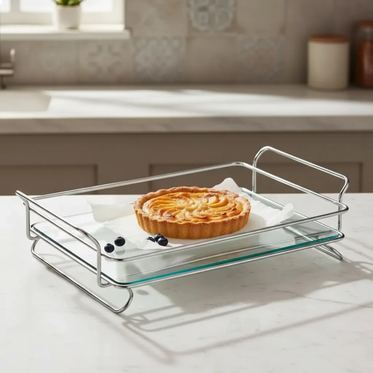 BANDEJA DE VIDRO RETANGULAR ARAMADA DECORATIVA CROMADO