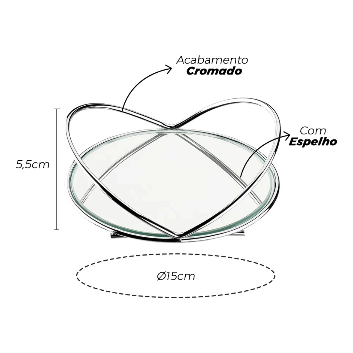 BANDEJA DECORATIVA ARAMADA REDONDA 15CM COM ESPELHO CROMADA