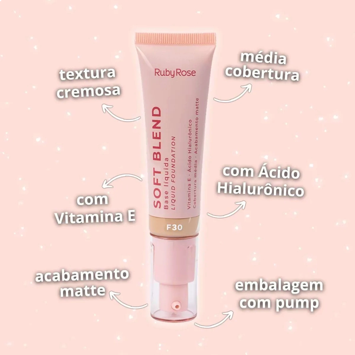 BASE LÍQUIDA RUBY ROSE SOFT BLEND F30 MÉDIA COBERTURA 30G