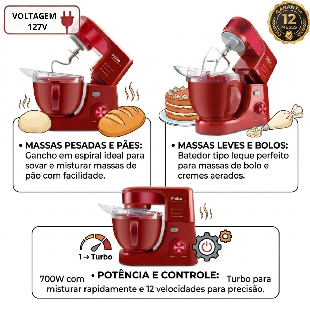 BATEDEIRA PLANETARIA PHILCO PHP500 TURBO 700W VERMELHA 127V BATEDEIRA PLANETARIA PHILCO PHP500 TURBO 700W VERMELHA 127V