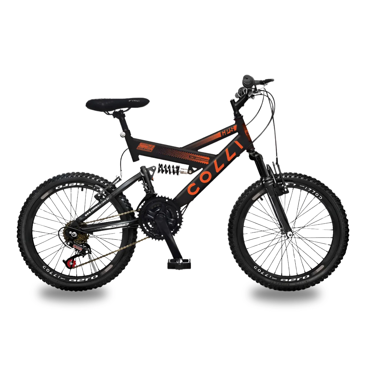 BICICLETA ARO 20 COLLI GPS V-BRAKE SUSPENSÃO FULL PRETO FOSCO/LARANJA NEON 15