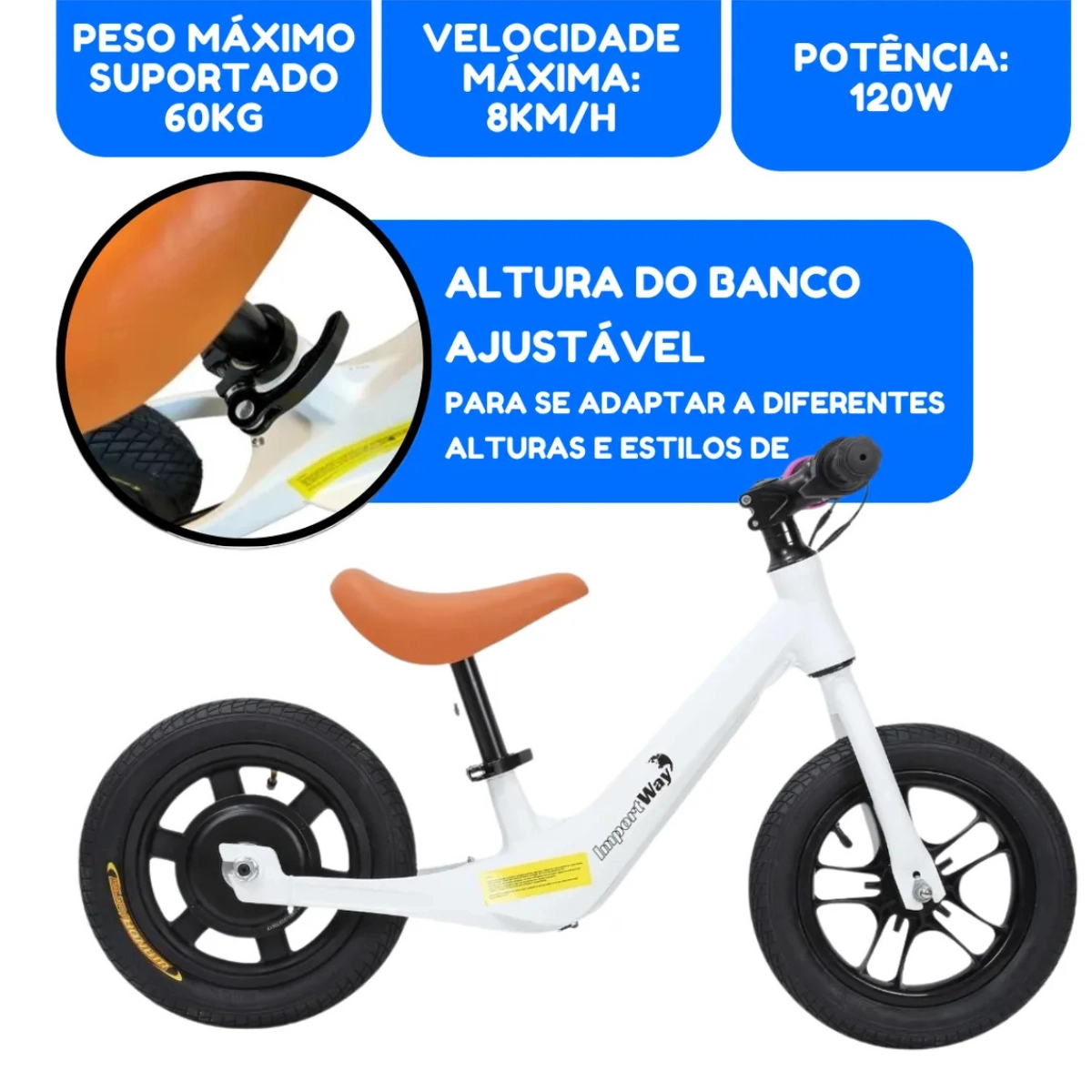 BICICLETA ELETRICA BALANCE INFANTIL BRANCA BW389BR 120W IMPORTWAY