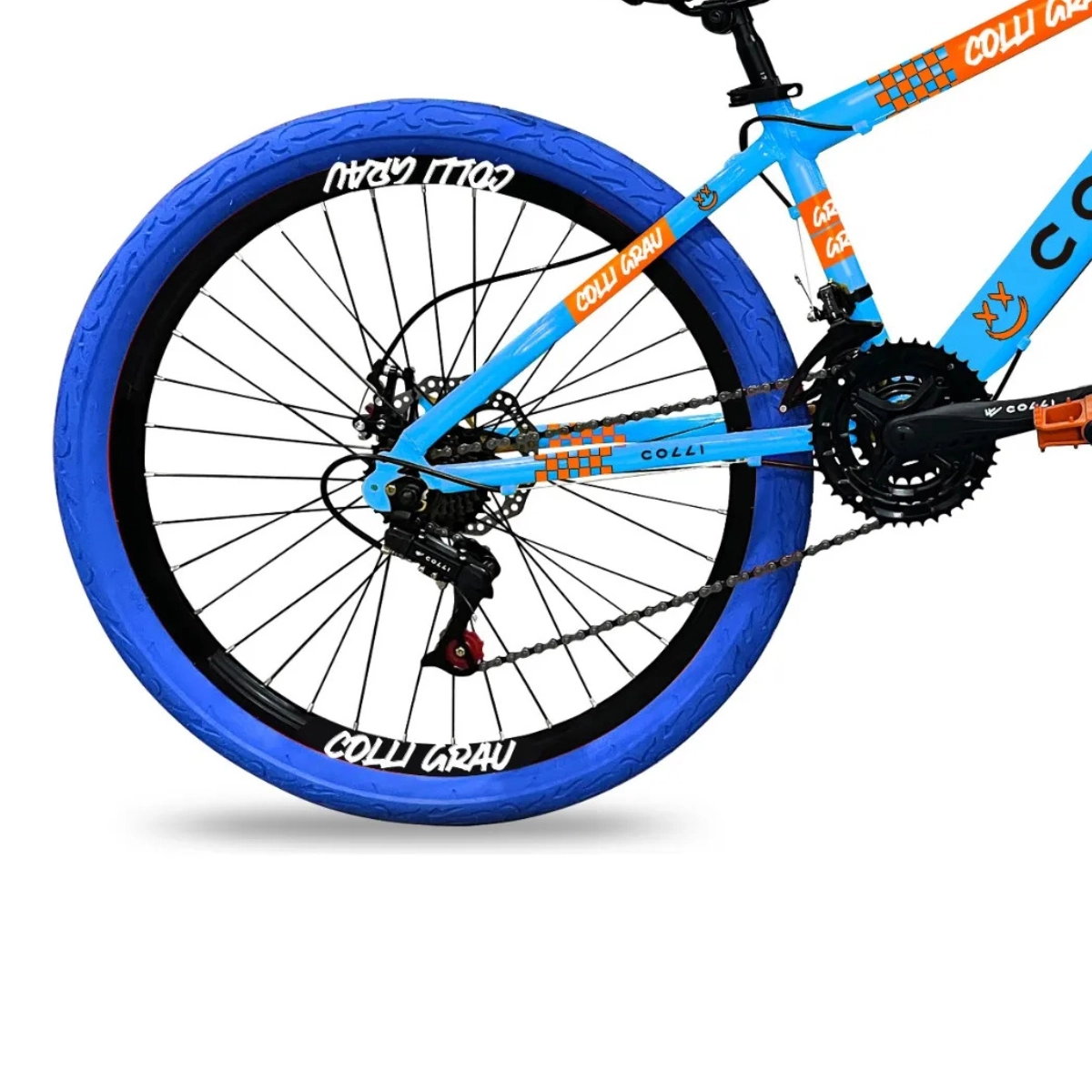 BICICLETA GRAU ARO 26 FREIOS A DISCO 21 VELOCIDADES COLLI AZUL CHAMPANHE