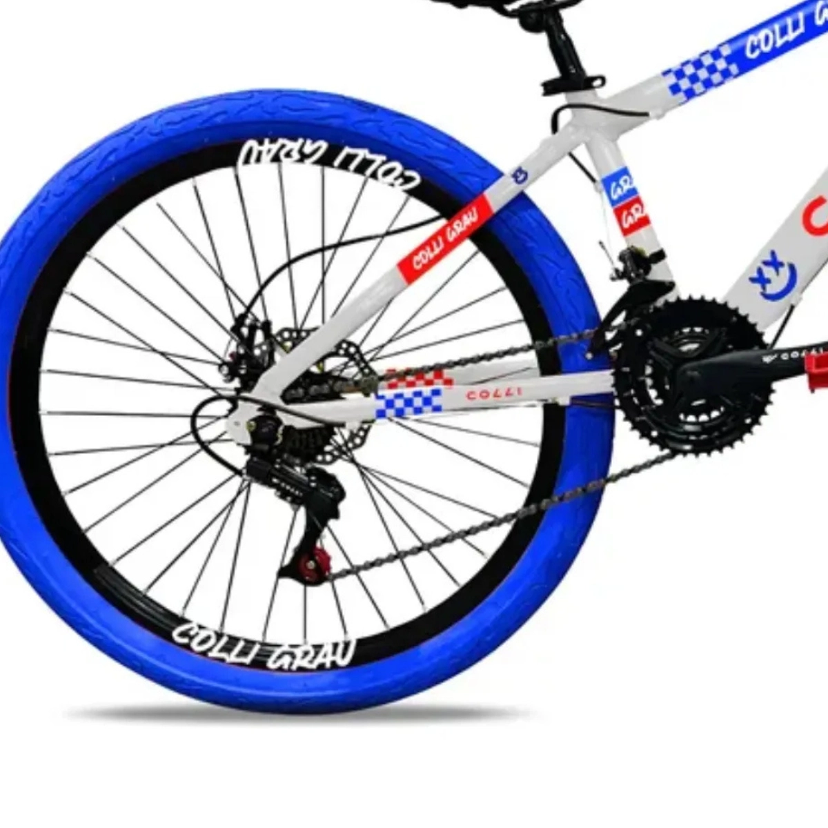 BICICLETA GRAU ARO 26 FREIOS A DISCO 21VEL COLLI BRANCO COM VERMELHO/AZUL