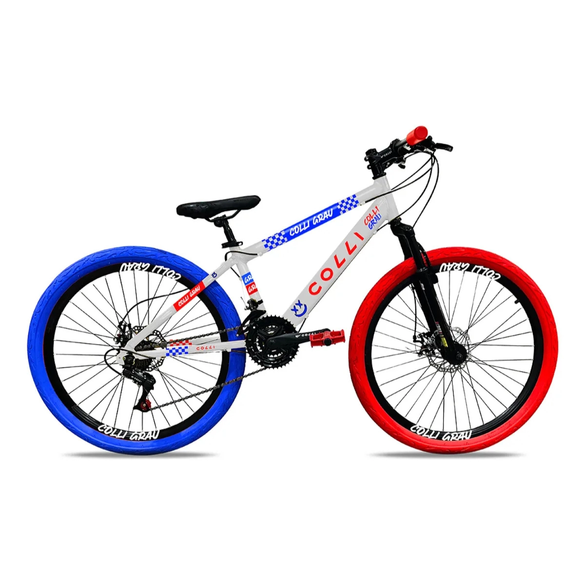 BICICLETA GRAU ARO 26 FREIOS A DISCO 21VEL COLLI BRANCO COM VERMELHO/AZUL