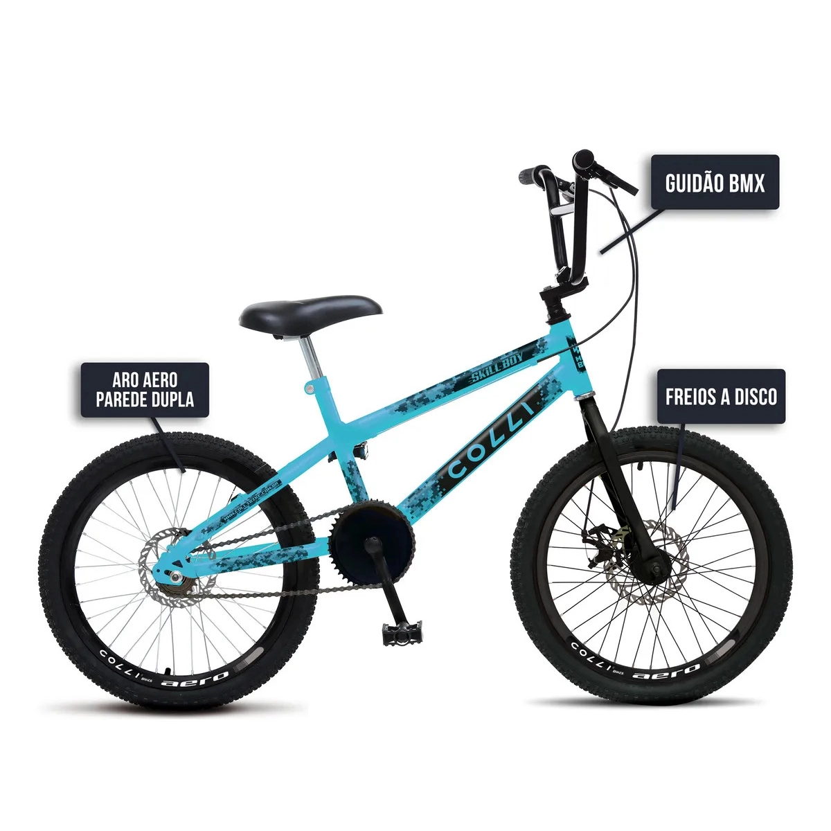 BICICLETA INFANTIL COLLI SKILL BOY ARO 20 COM FREIO A DISCO AZUL CHAMPANHE