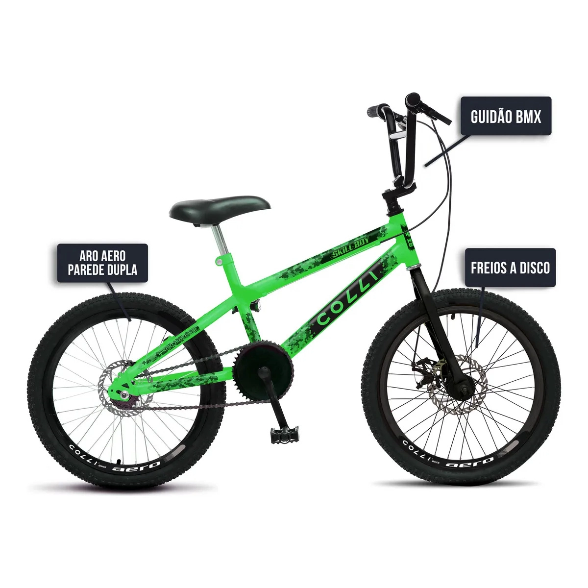 BICICLETA INFANTIL COLLI SKILL BOY ARO 20 COM FREIO A DISCO VERDE NEON BICICLETA INFANTIL COLLI SKILL BOY ARO 20 COM FREIO A DISCO VERDE NEON