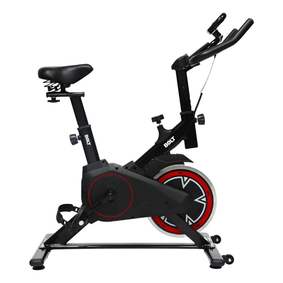 BICICLETA SPINNING BOLT F1 COM MONITOR E AJUSTES PRETO E VERMELHO