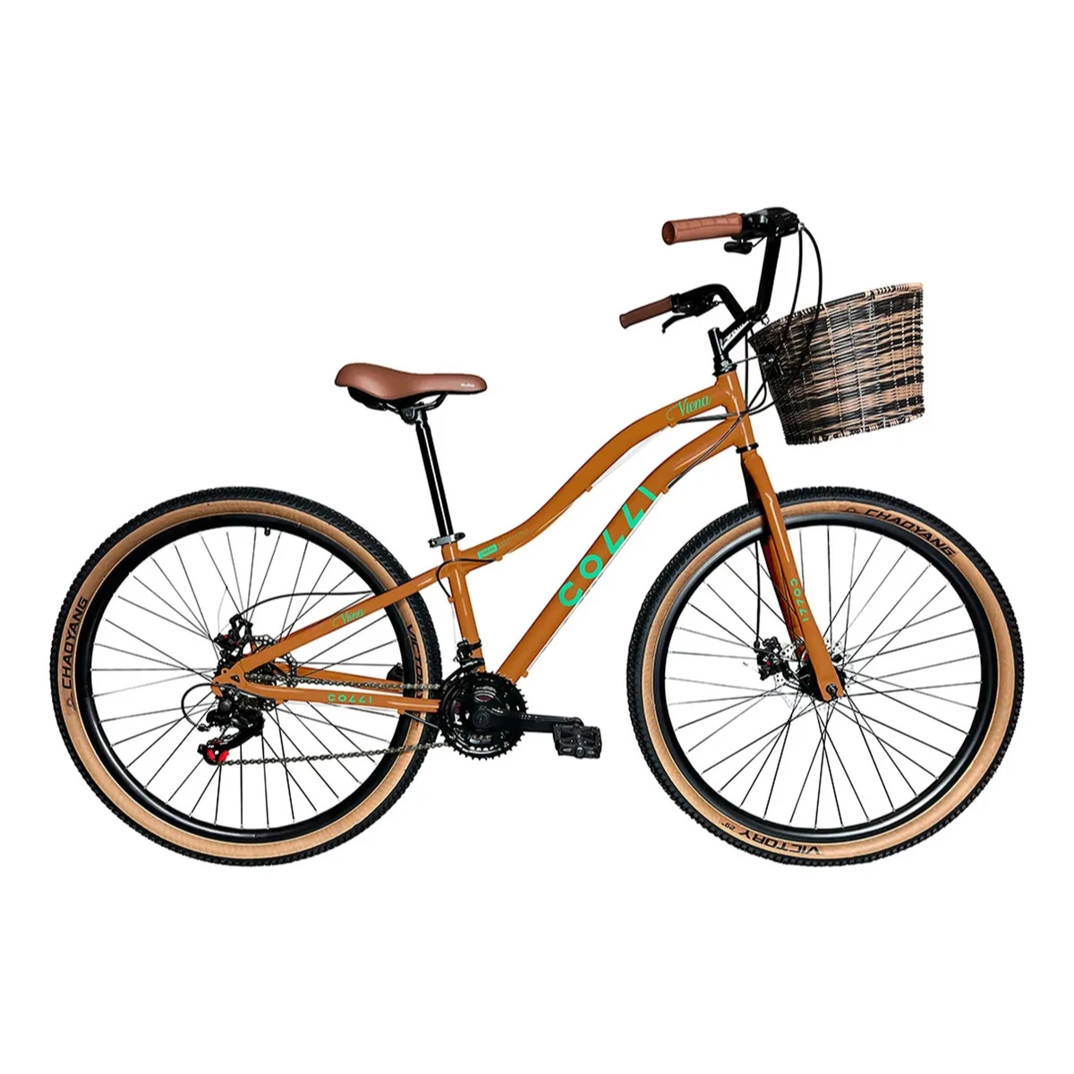 BICICLETA VIENA ARO 29 FREIO DISCO 21V COM CESTÃO COLLI COR BRONZE