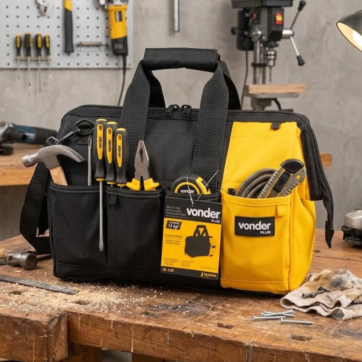 BOLSA EM LONA PARA FERRAMENTAS BL 120 VONDER PLUS PRETA E AMARELA