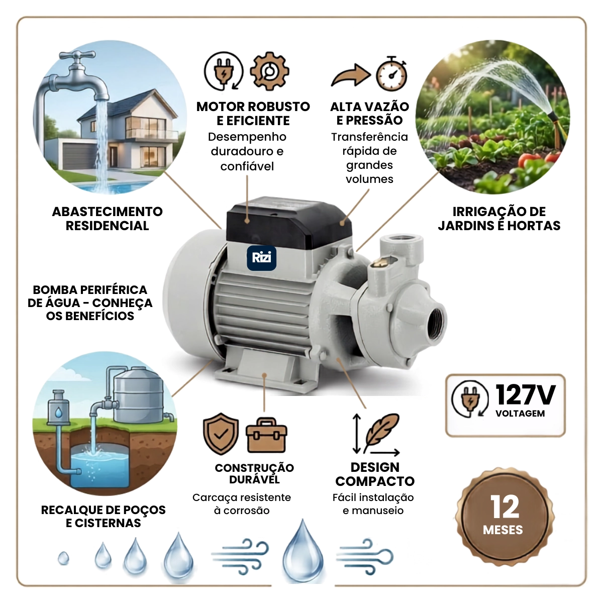 BOMBA DE ÁGUA PERIFÉRICA 1CV 52L/M RAZI 127V BOMBA DE ÁGUA PERIFÉRICA 1CV 52L/M RAZI 127V