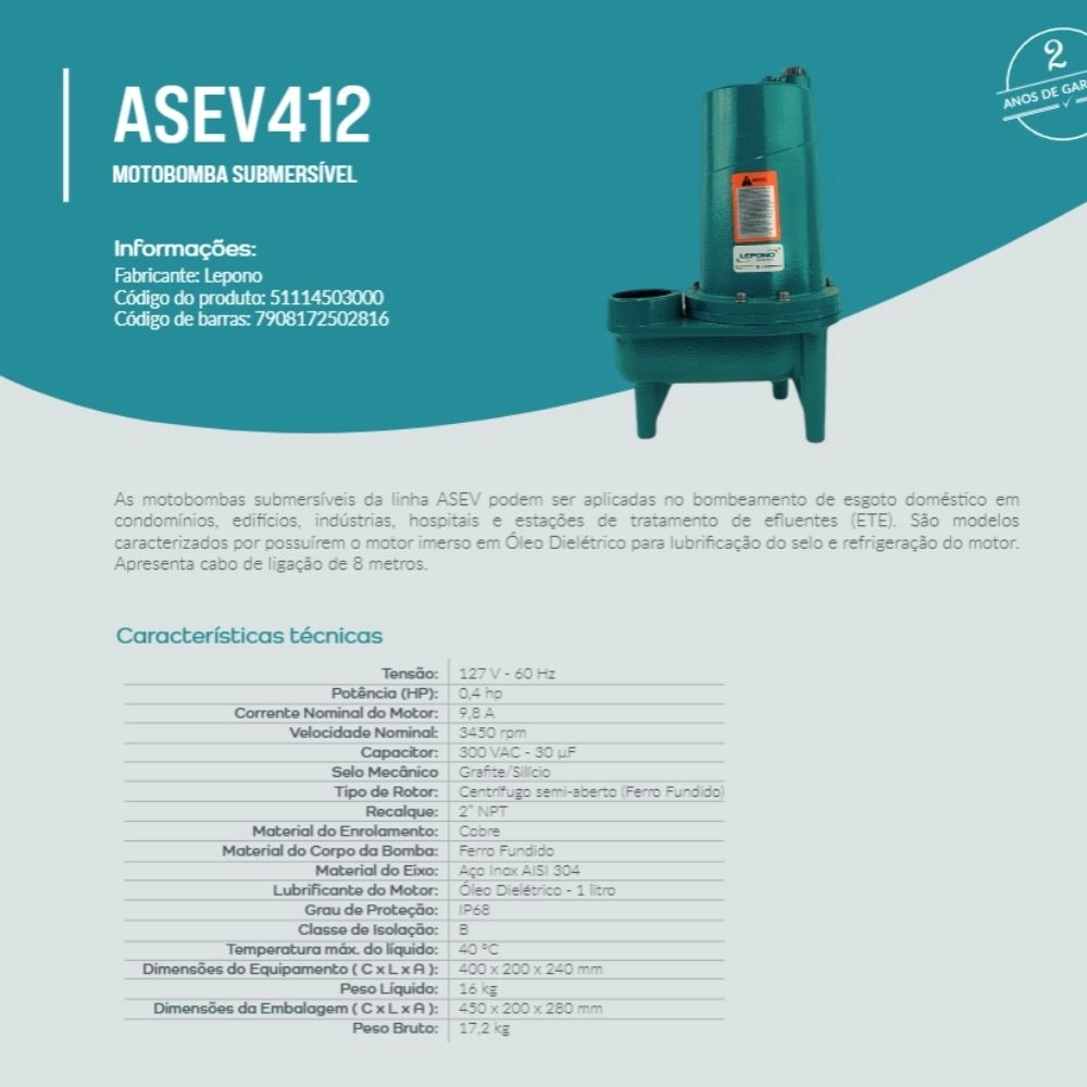 Bomba Esgotamento Sapata Asev412 0,4 Hp Mon 127V