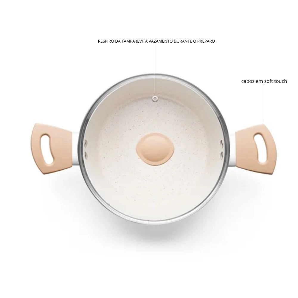 CAÇAROLA 20CM COM TAMPA DE VIDRO MTA LINHA CARMELA VANILLA 2,4L CERAMIC FLON