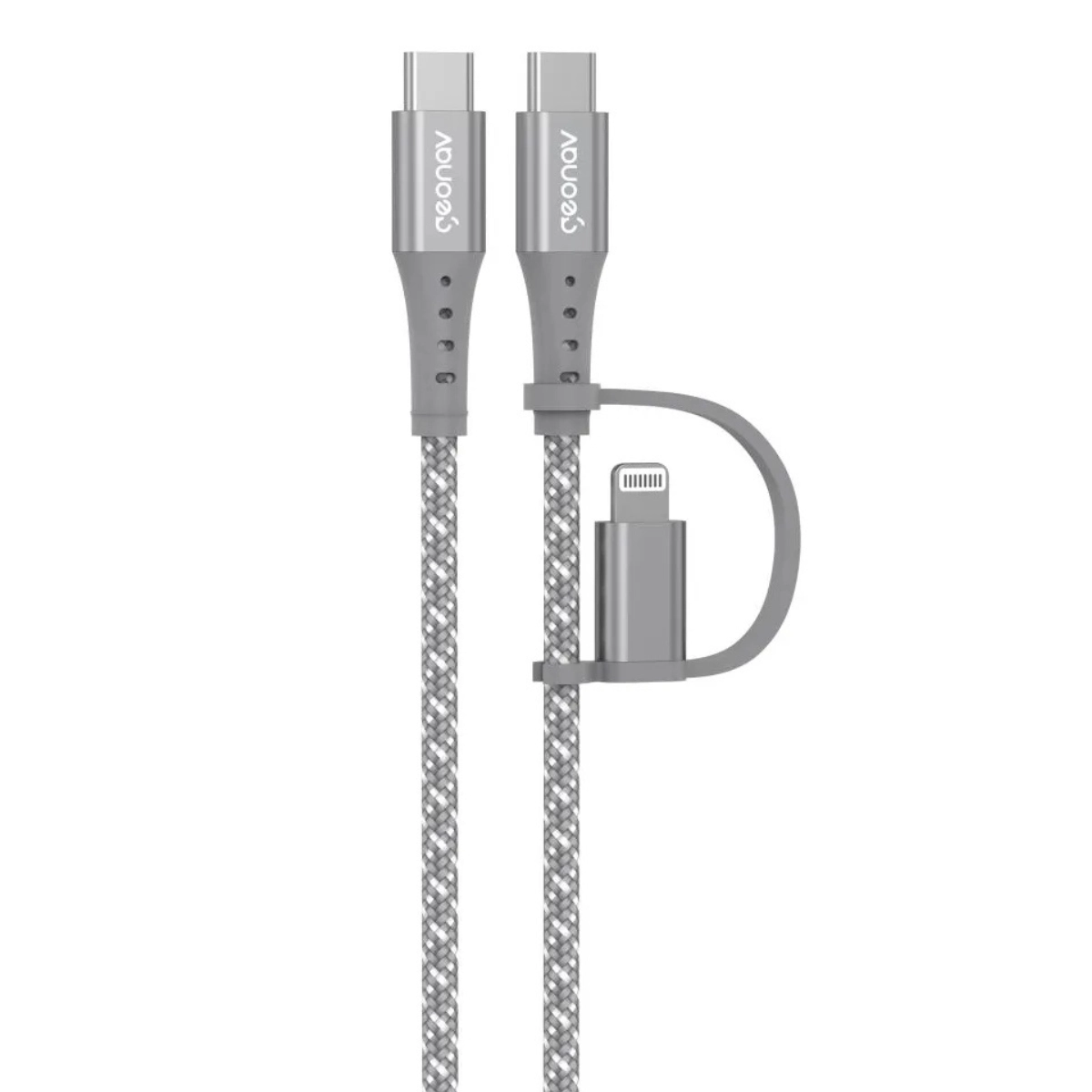 CABO DE CARREGADOR 2 EM 1 USB-C LIGHTNING 1,5 METROS GEONAV CINZA