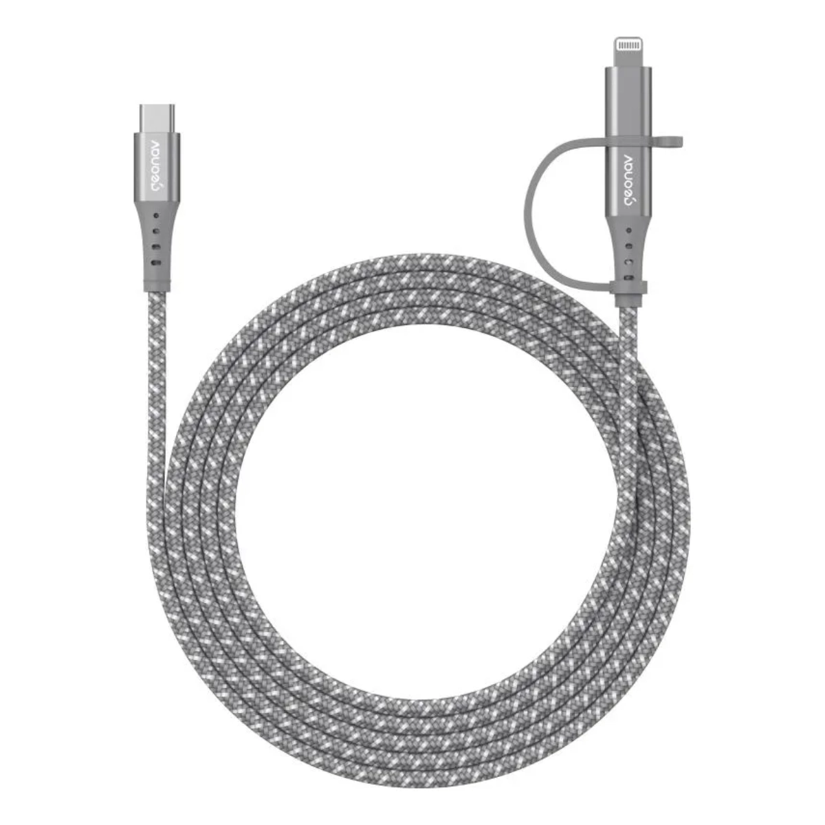 CABO DE CARREGADOR 2 EM 1 USB-C LIGHTNING 1,5 METROS GEONAV CINZA