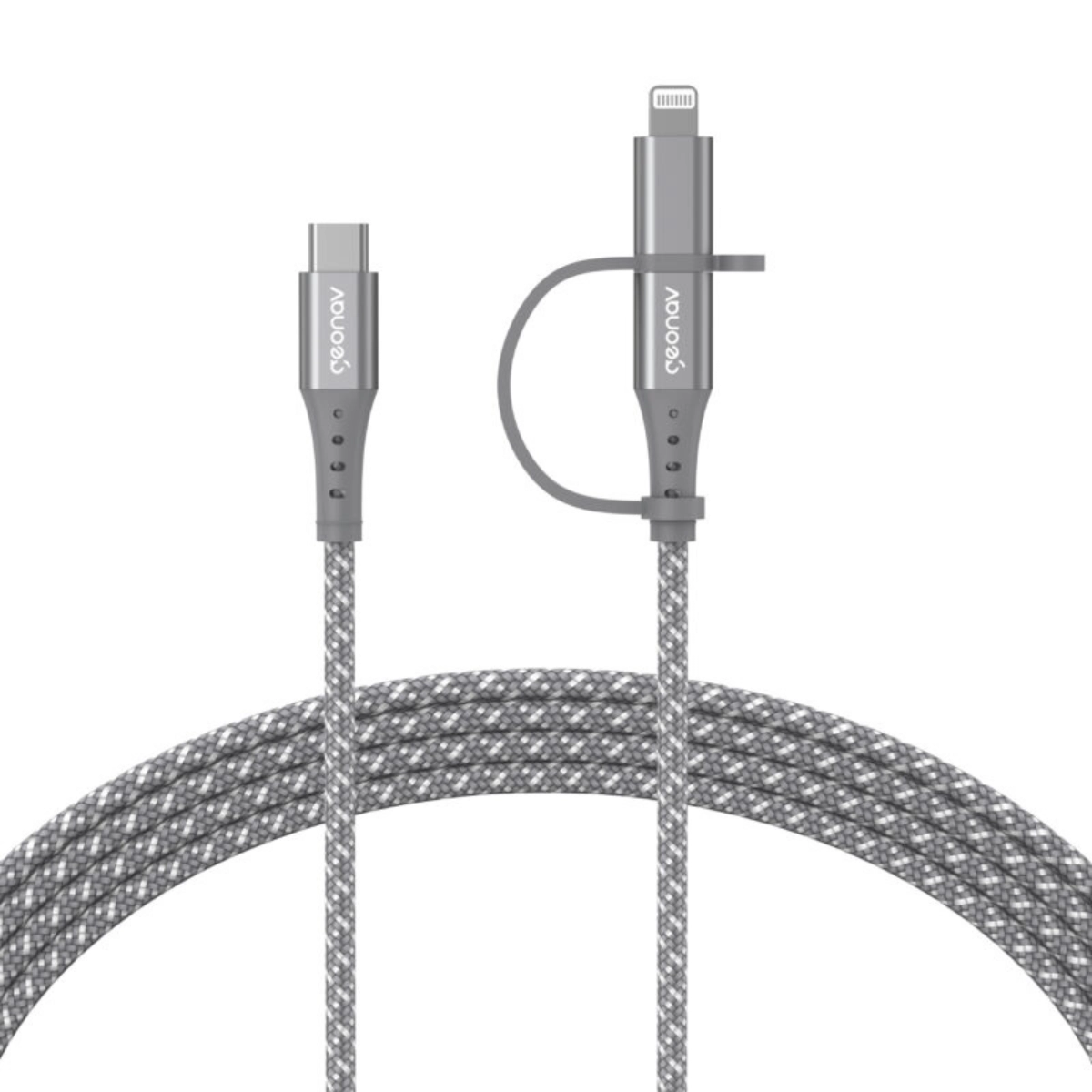 CABO DE CARREGADOR 2 EM 1 USB-C LIGHTNING 1,5 METROS GEONAV CINZA