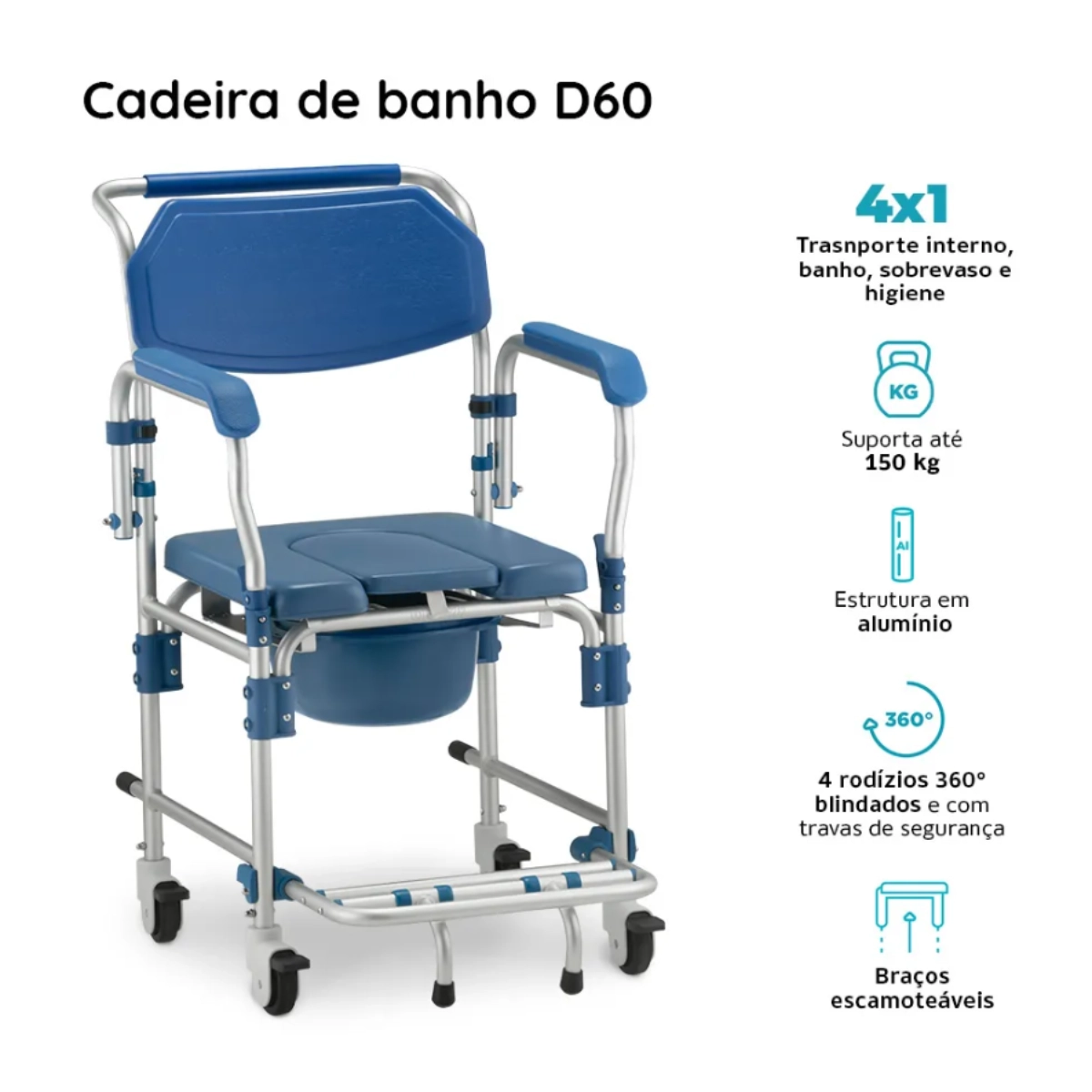 Cadeira de Banho em Alumínio até 150 Kg Assento 42 Cm D60 Dellamed