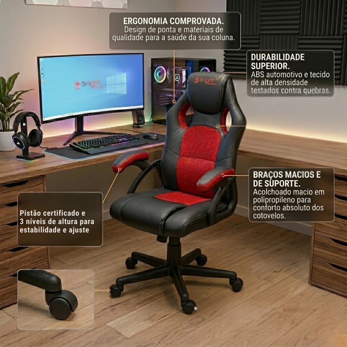 CADEIRA GAMER BRIGHT VERMELHA CG-02 ERGONÔMICA RECLINÁVEL AJUSTÁVEL CONFORTO PROFISSIONAL