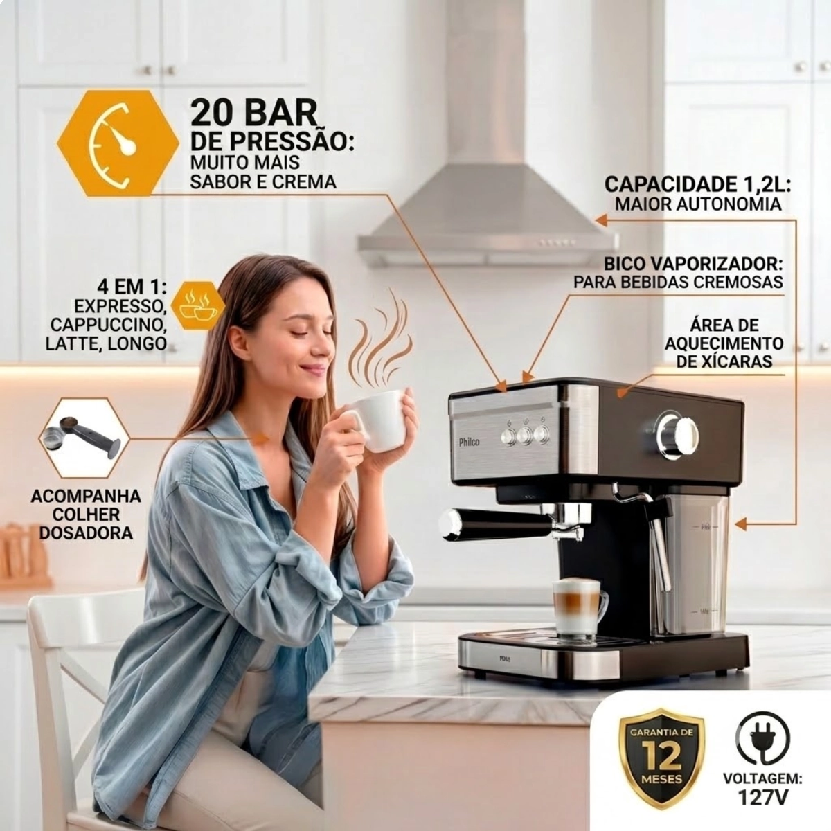 CAFETEIRA EXPRESSO PCF04A INOX 20 BAR DE PRESSÃO PHILCO 127V CAFETEIRA EXPRESSO PCF04A INOX 20 BAR DE PRESSÃO PHILCO 127V