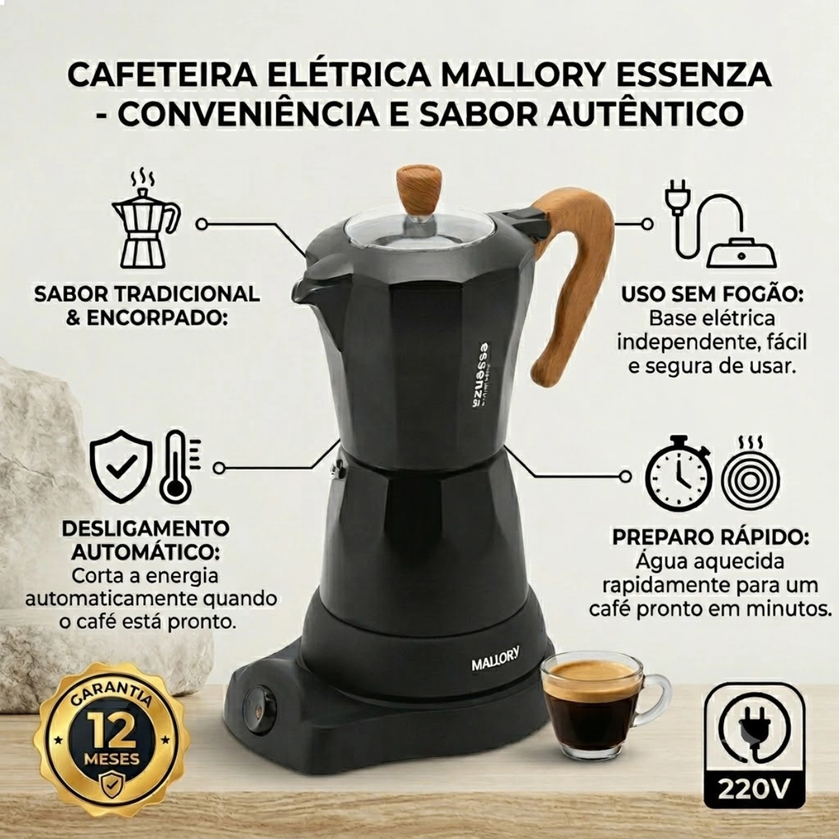 CAFETEIRA ITALIANA ELÉTRICA MALLORY ESSENZA 6 XÍCARAS 220V