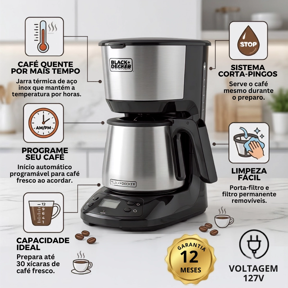 CAFETEIRA PROGRAMAVEL BLACK DECKER JARRA INOX CM250 127V