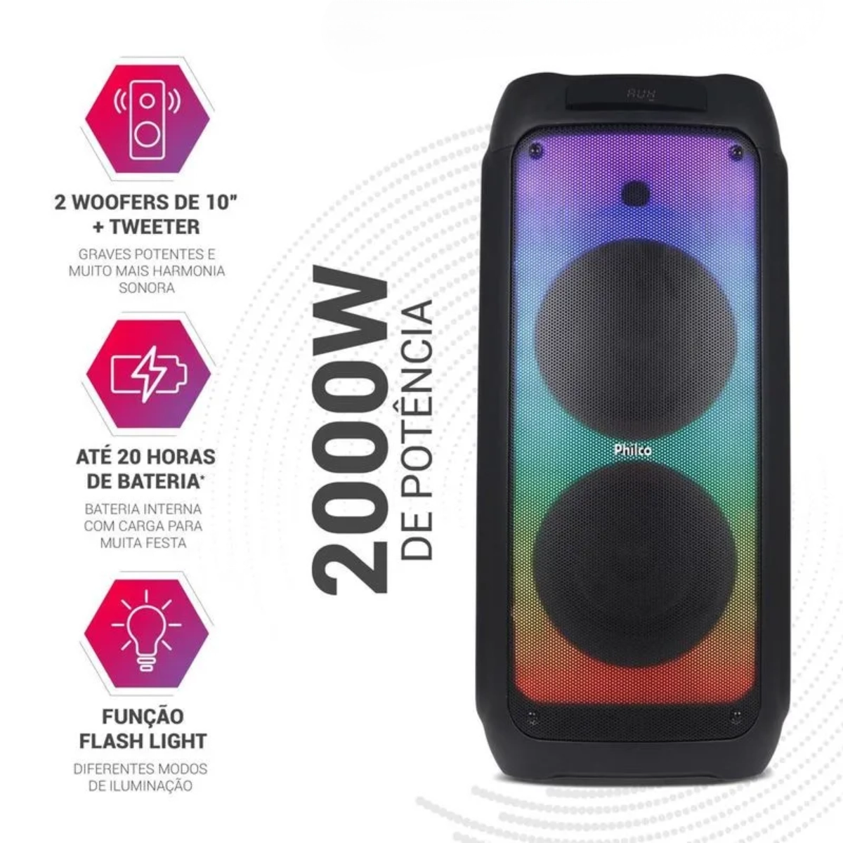 CAIXA DE SOM AMPLIFICADA BLUETOOTH FLASH LIGHTS E FULL LED 2000W PHILCO CAIXA DE SOM AMPLIFICADA BLUETOOTH FLASH LIGHTS E FULL LED 2000W PHILCO