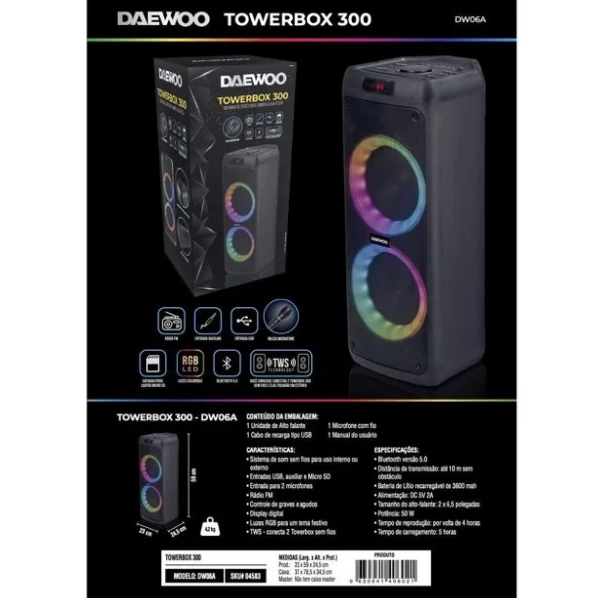 Caixa de Som Bluetooth 50W com TWS e Microfone Ideal para Festas e Eventos