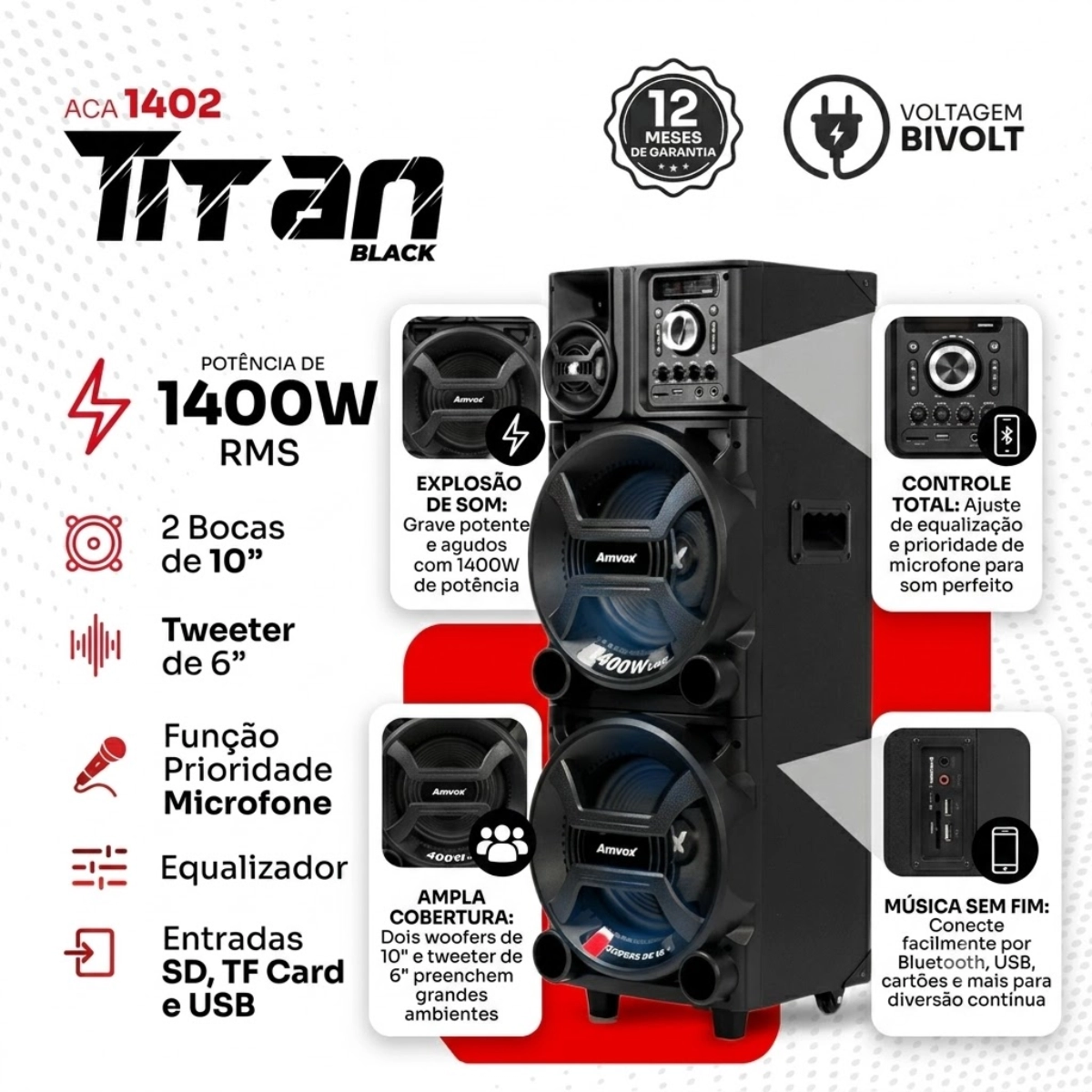 Caixa de Som Bluetooth Amplificada Amvox Aca 1402 Titan Black Preta com Led Bivolt Caixa de Som Bluetooth Amplificada Amvox Aca 1402 Titan Black Preta com Led Bivolt