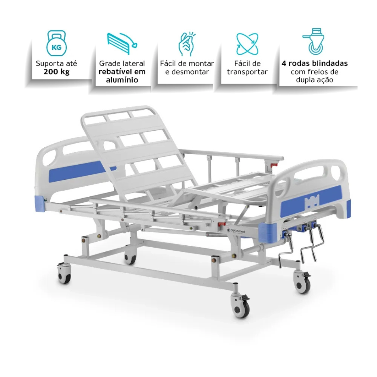 CAMA HOSPITALAR DX3 DELLAMED AÇO CARBONO 200KG COM GIRO 360 5 POSIÇÕES CAMA HOSPITALAR DX3 DELLAMED AÇO CARBONO 200KG COM GIRO 360 5 POSIÇÕES
