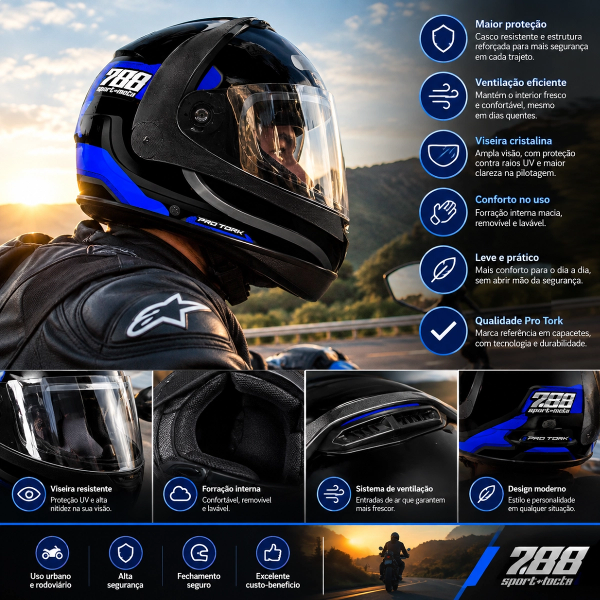 CAPACETE PRO TORK SPORT MOTO 788 AZUL TAM 60 VISEIRA CRISTAL CAPACETE PRO TORK SPORT MOTO 788 AZUL TAM 60 VISEIRA CRISTAL