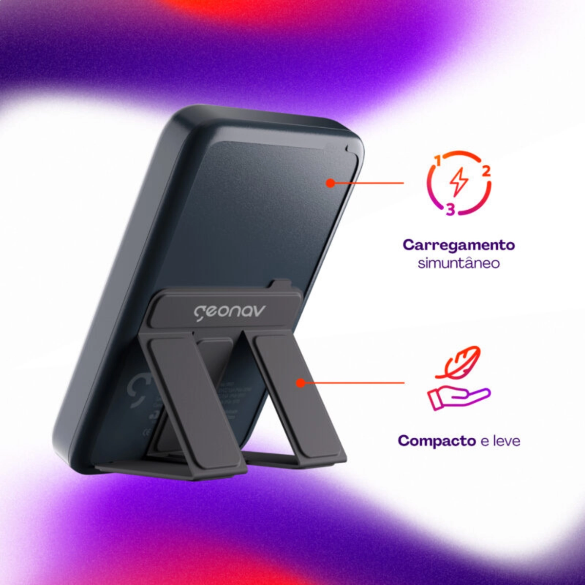 CARREGADOR PORTÁTIL POWER BANK POR INDUÇÃO PB10MAGSG GEONAV CINZA