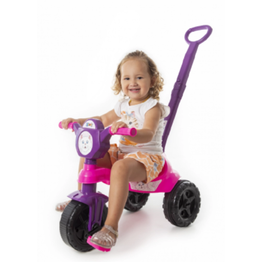 Carrinho Triciclo Infantil de Passeio e Pedal Kendy Kemotoca Gatinha Com Haste Rosa/Lilás - Suporta Até 16Kg