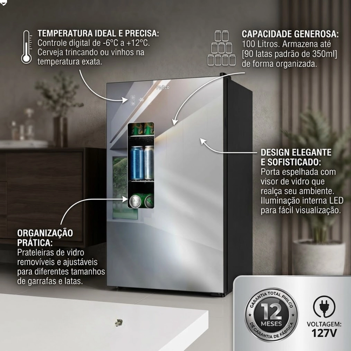 CERVEJEIRA PHILCO 100L PORTA DE VIDRO PCV10A 220V