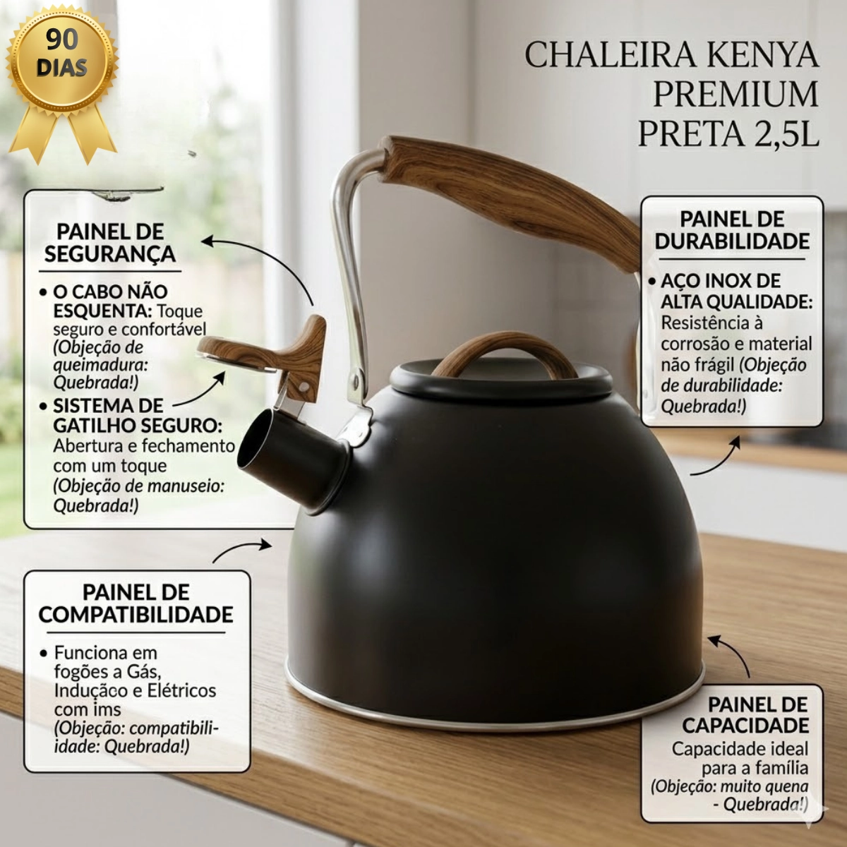 Chaleira Kenya 2,5 Litros Preta com Alça de Madeira e Super Aquecimento Chaleira Kenya 2,5 Litros Preta com Alça de Madeira e Super Aquecimento