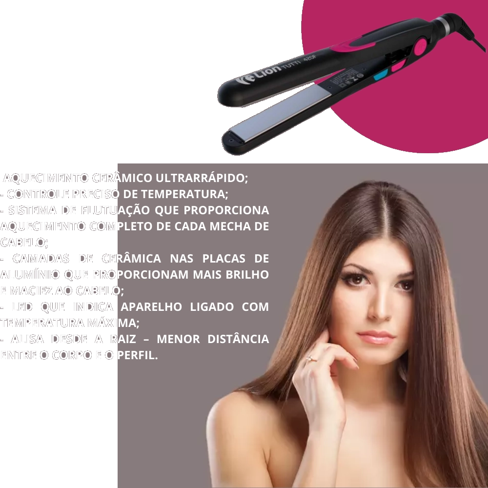 Chapinha de cabelo Lion Tutti 420F preta e Rosa Bivolt