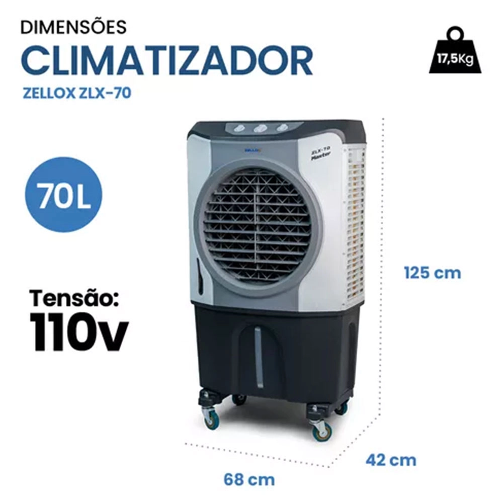 CLIMATIZADOR E UMIDIFICADOR DE AR PORTÁTIL 4 FUNÇÕES ZELLOX 70 LITROS CINZA 127V CLIMATIZADOR E UMIDIFICADOR DE AR PORTÁTIL 4 FUNÇÕES ZELLOX 70 LITROS CINZA 127V