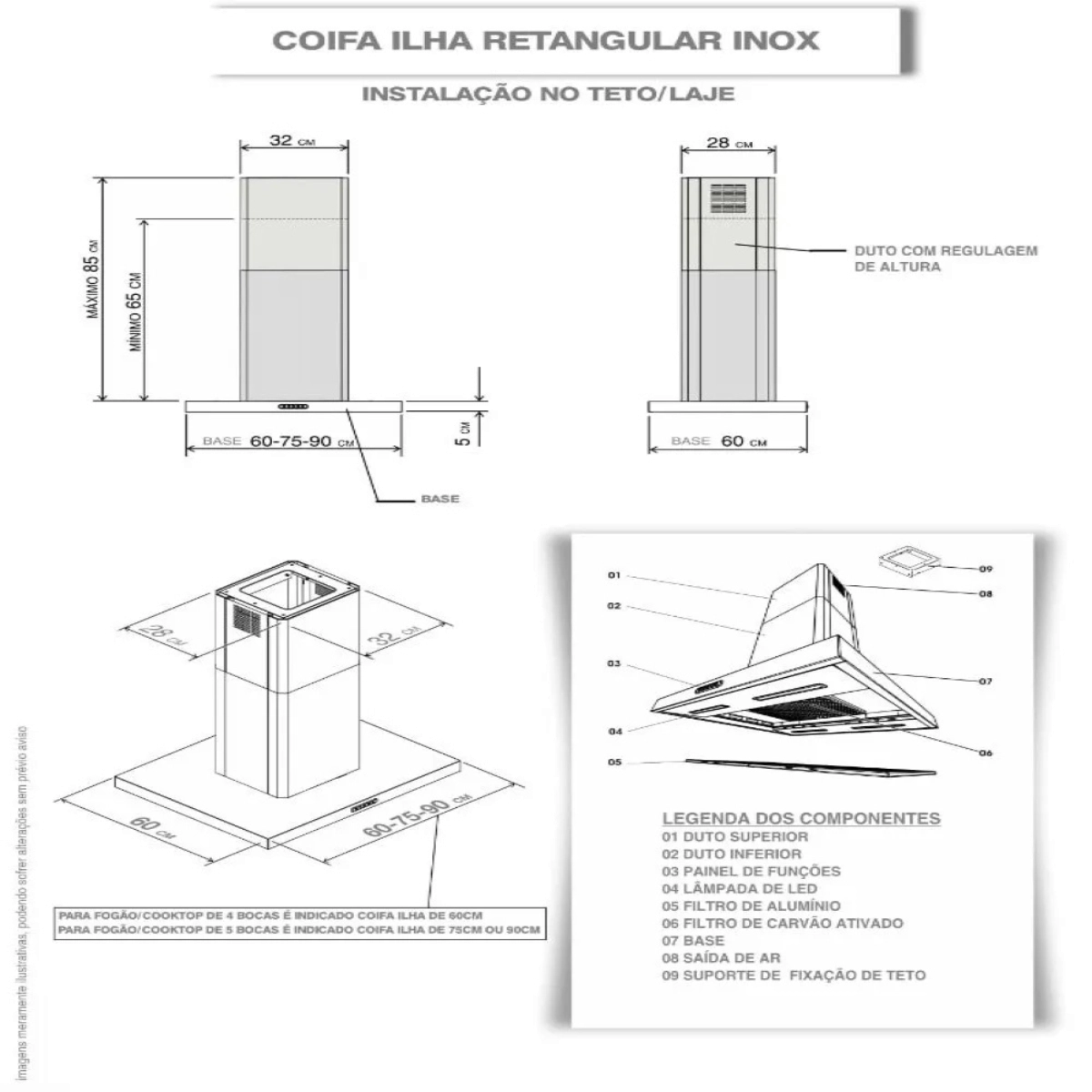 COIFA DE ILHA FOGATTI 90CM RETANGULAR INOX 110V COIFA DE ILHA FOGATTI 90CM RETANGULAR INOX 110V