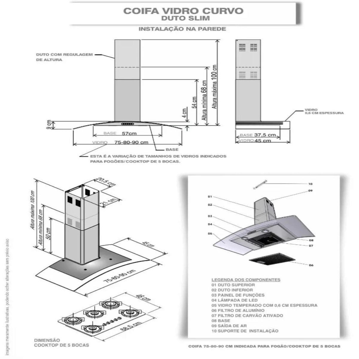 COIFA FOGATTI DE PAREDE CLEAN VIDRO CURVO BLACK 80CM 127V