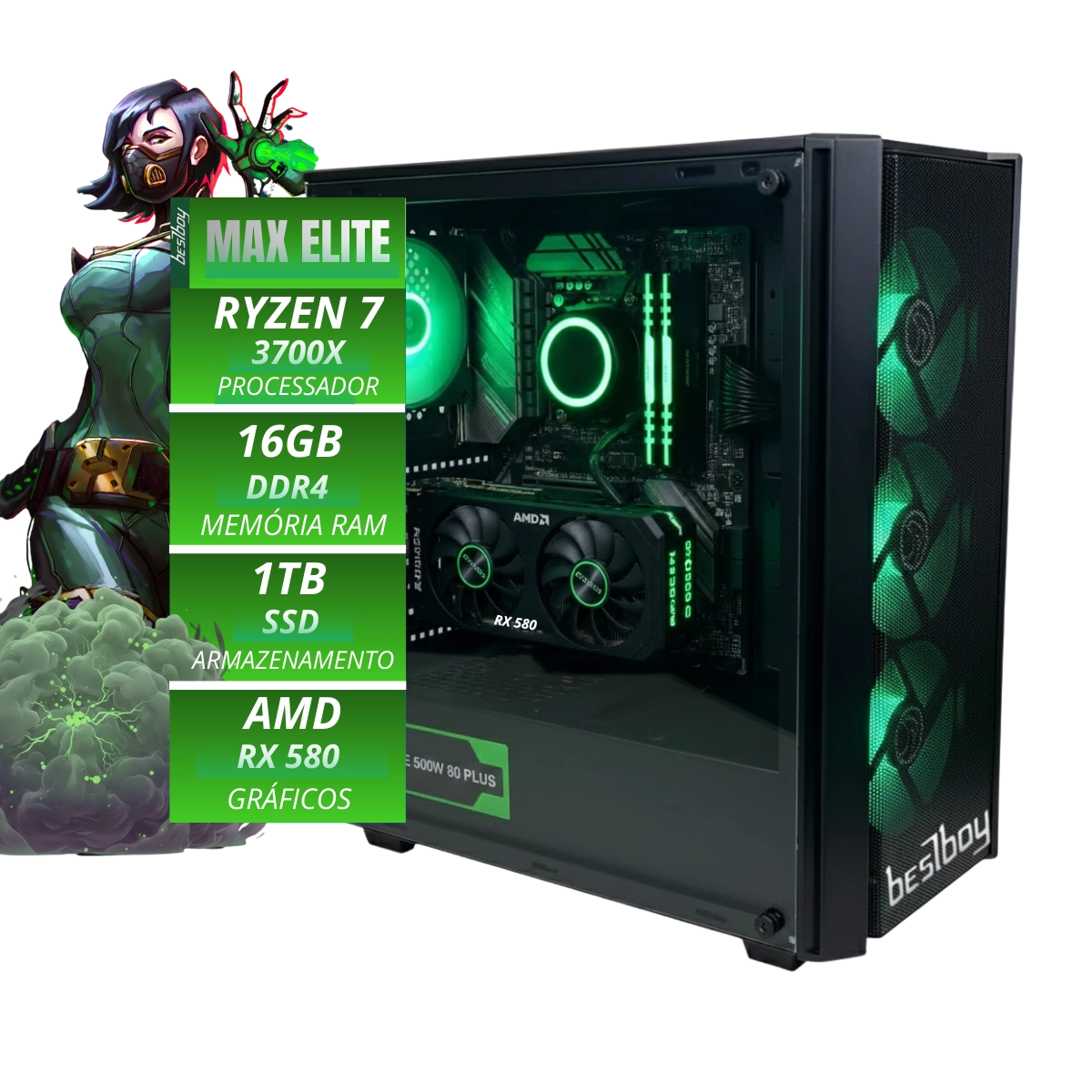 Computador Gamer Max Elite Bestboy Ryzen 7 3700x A520m 16gb Ssd 1tb Fonte 500w 80 Plus Rx580