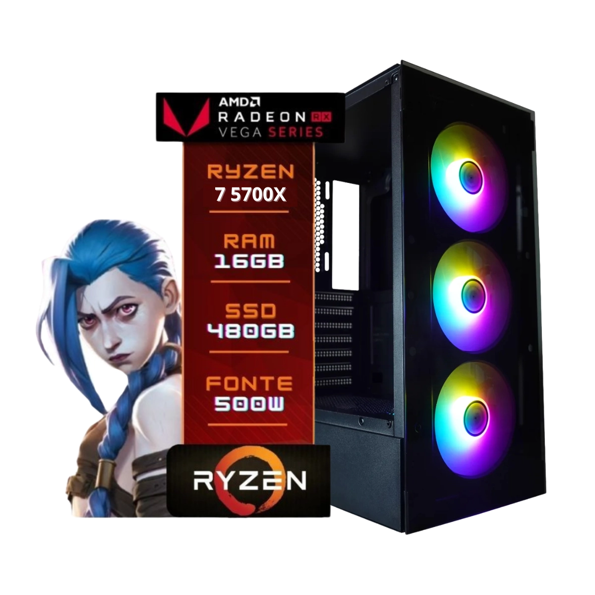 COMPUTADOR GAMER RYZEN 7 5700X RAM 16GB DDR4 SSD 480GB RTX5060 8GB FONTE 500W