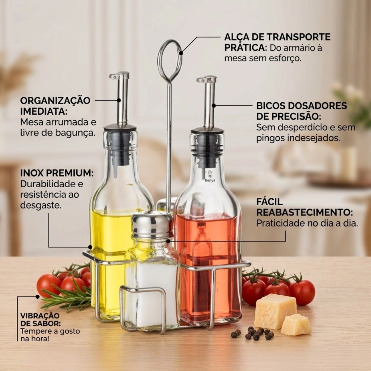 Conjunto 5 Peças Galheteiro Inox Kenya Conjunto 5 Peças Galheteiro Inox Kenya
