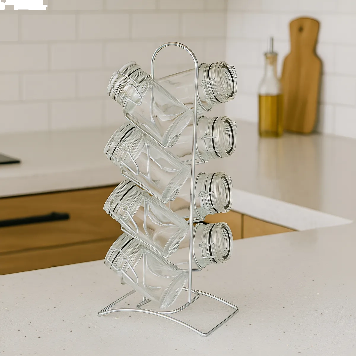 CONJUNTO 8 PORTA TEMPEROS DE VIDRO COM TAMPA HERMÉTICA E SUPORTE DE METAL CROMADO CONJUNTO 8 PORTA TEMPEROS DE VIDRO COM TAMPA HERMÉTICA E SUPORTE DE METAL CROMADO