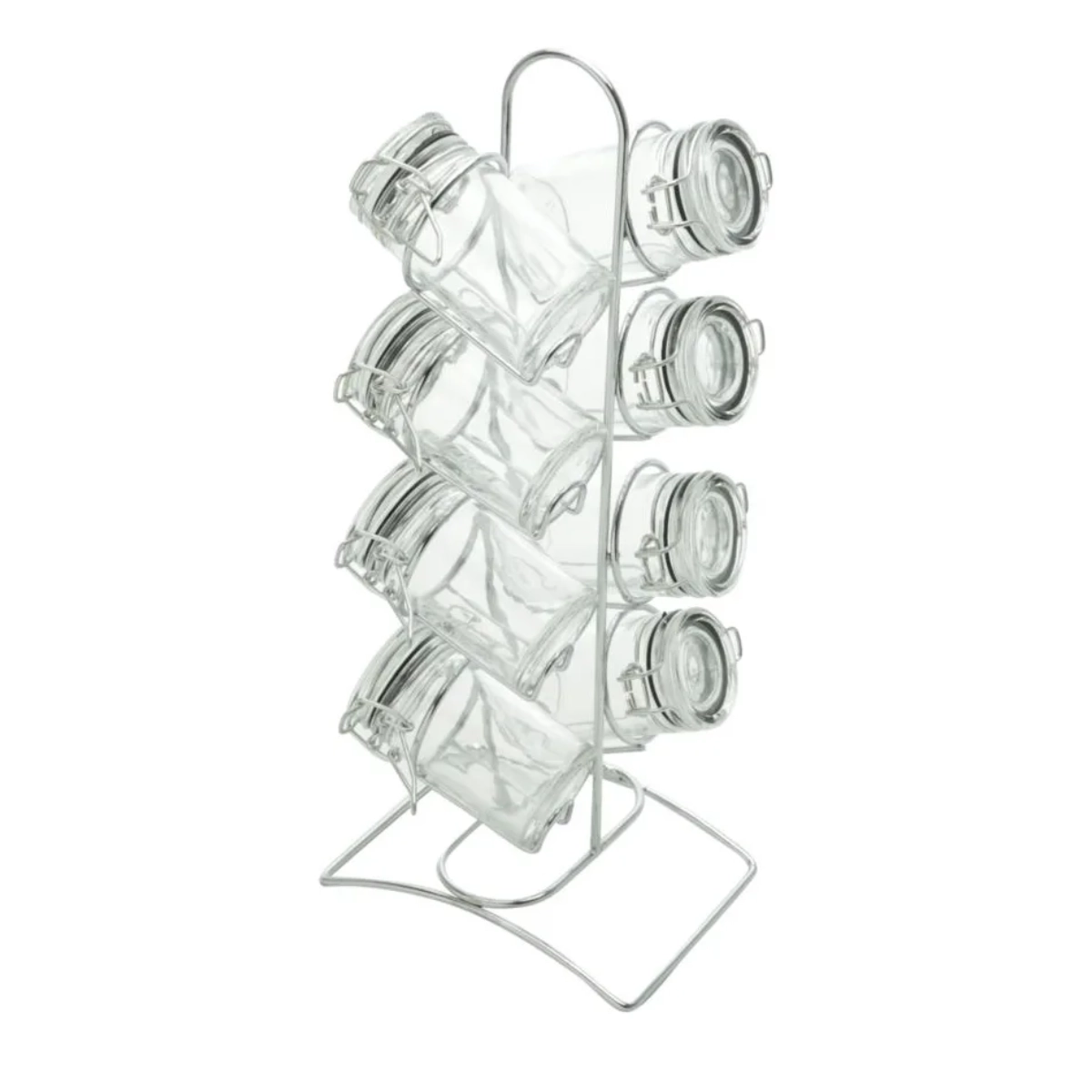 CONJUNTO 8 PORTA TEMPEROS DE VIDRO COM TAMPA HERMÉTICA E SUPORTE DE METAL CROMADO