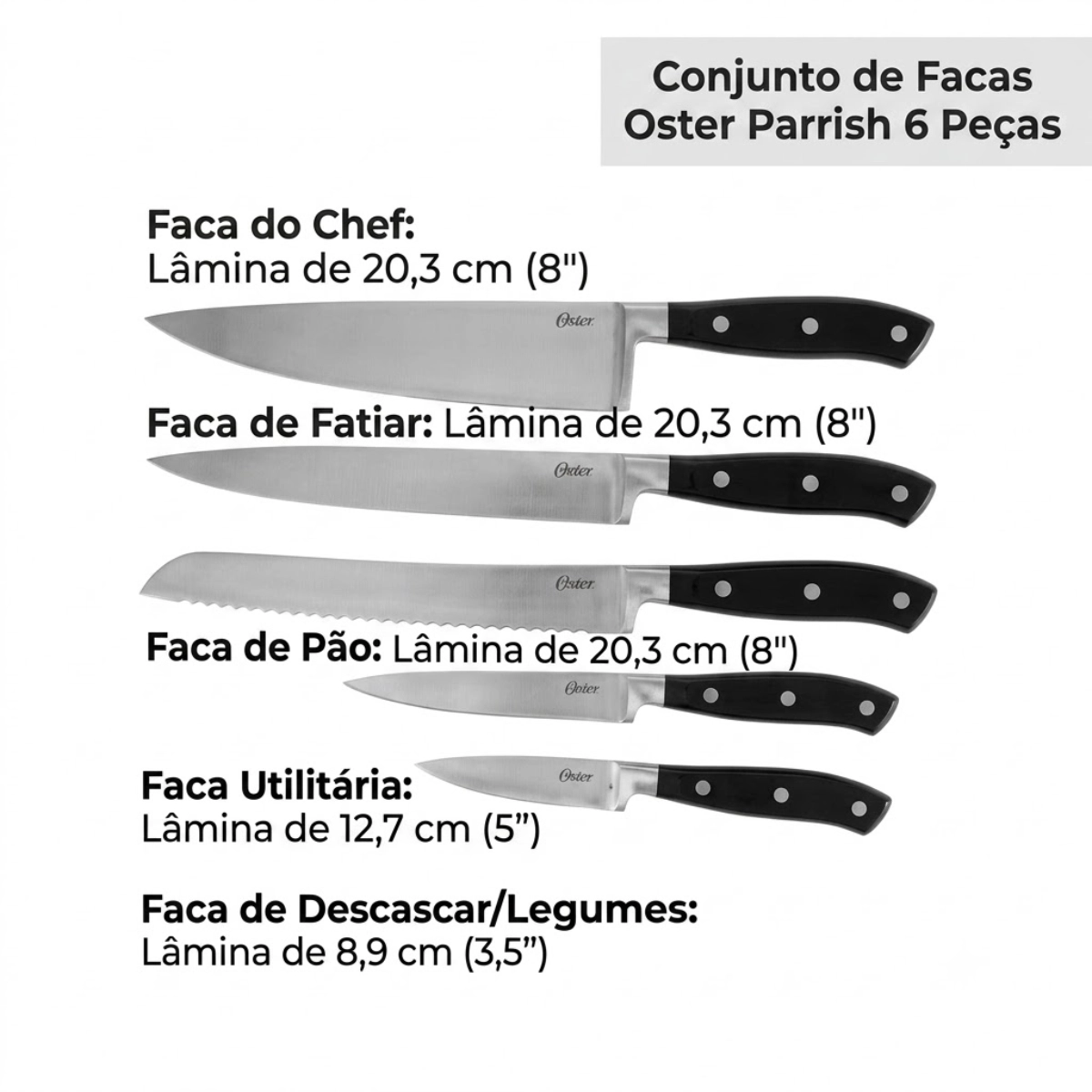 CONJUNTO DE FACAS INOX PARRISH OSTER 6 PEÇAS PREMIUM COM CEPO DE MADEIRA