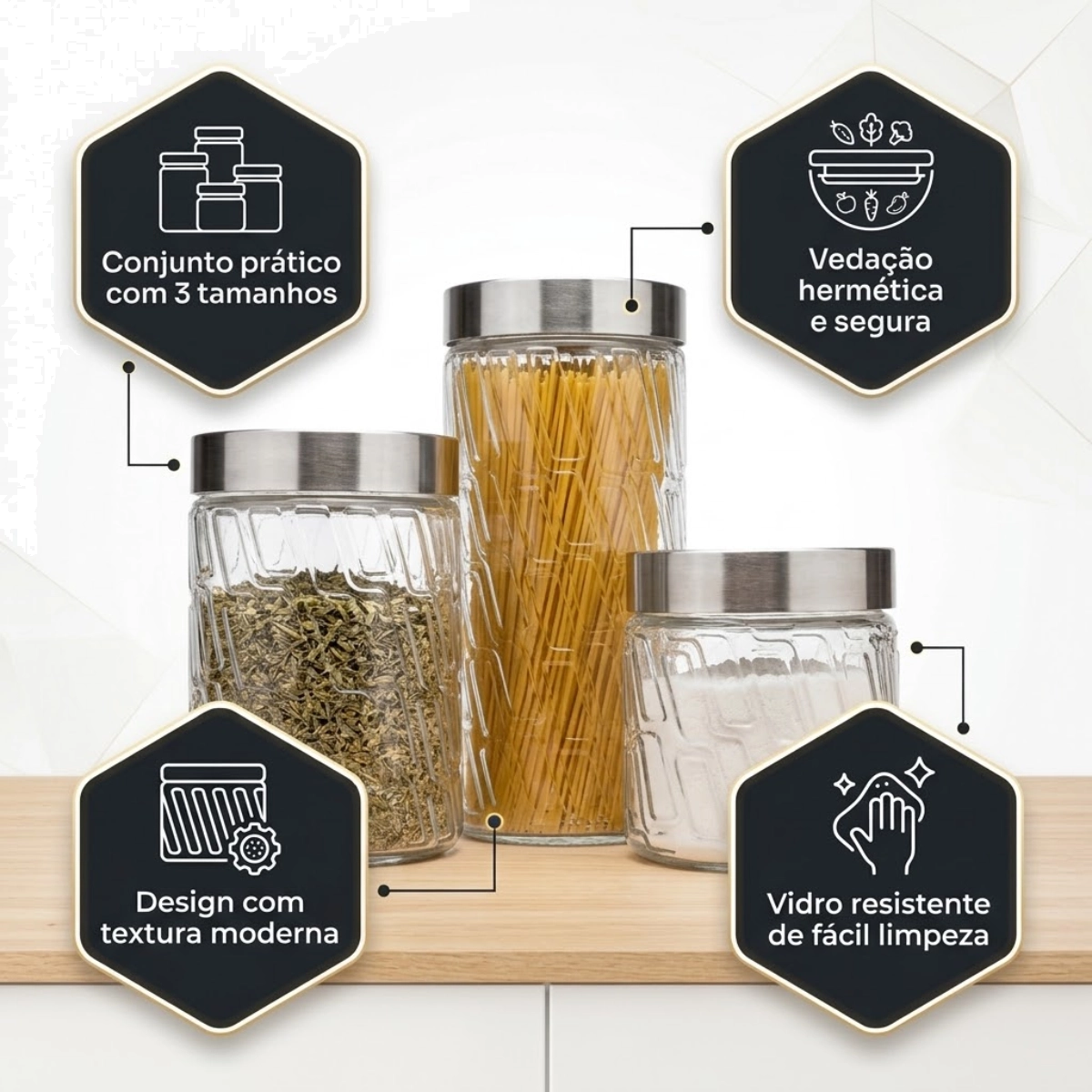 CONJUNTO DE POTES DE VIDRO COM TAMPA INOX 3 PEÇAS MOSAICO EURO HOME